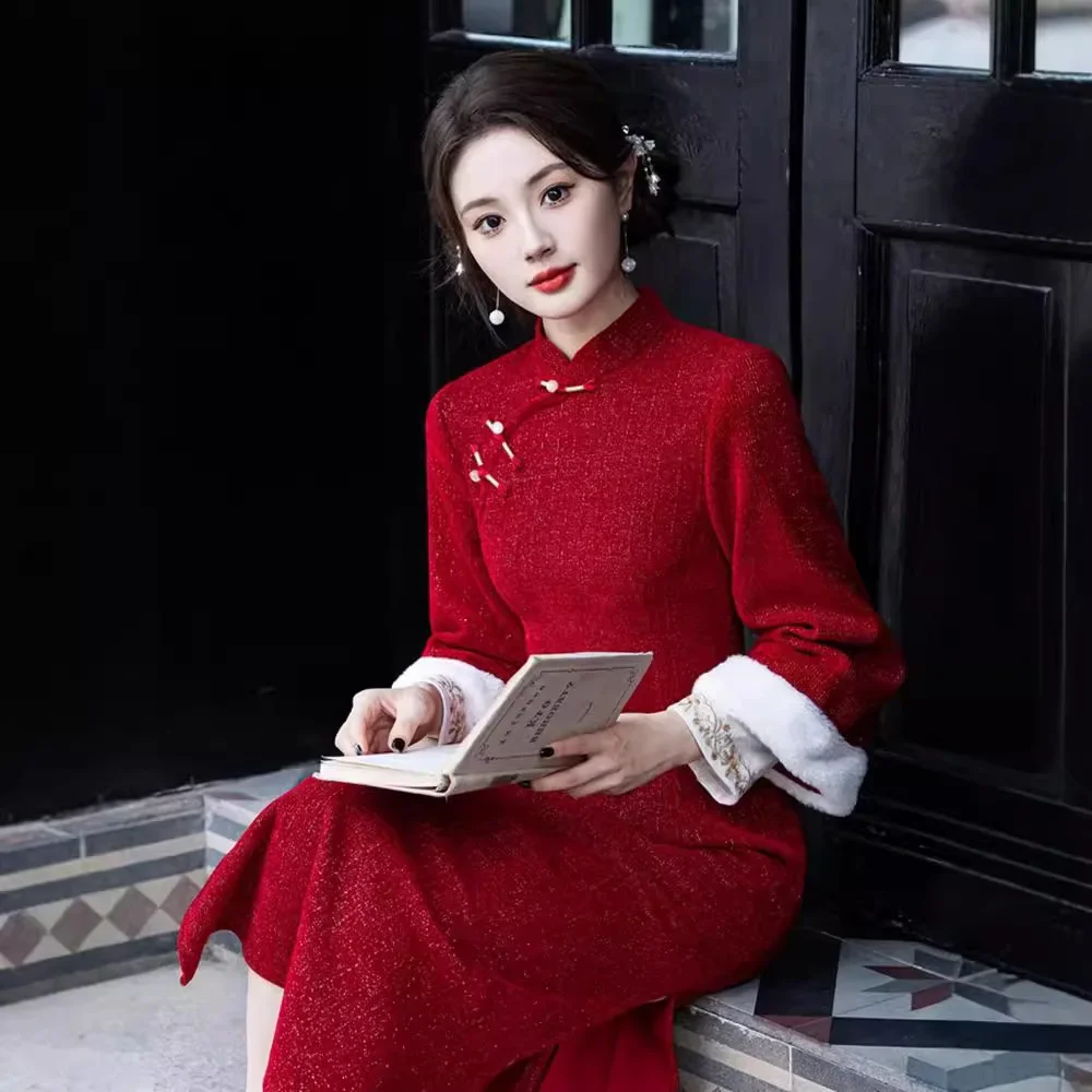 Плюс размер сексуальный тонкий Cheongsam осень-зима женский длинный Ципао помолвка