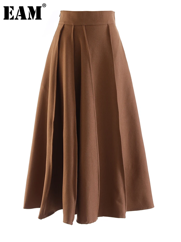 

[EAM] High Waist Light Brown Irregular Pleated Long A-line Half-body Skirt Women Fashion Tide New Spring Autumn 2022 1DF0815