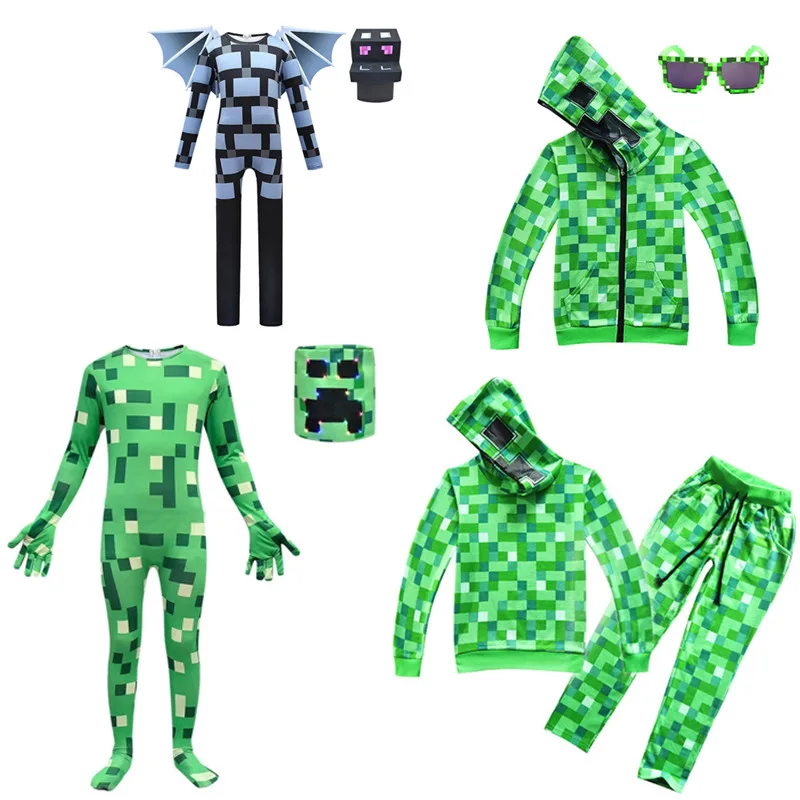 Child Game Green Creeper Boy Game Cosplay Costume Fancy Funny Hoodies Pants Jumpsuits&mask Christmas Birthday Gift Glasses S