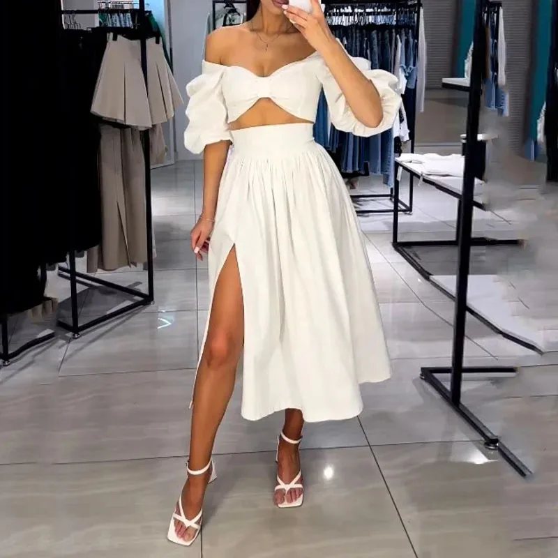 

Комплект из двух предметов LIYONG Женский, модный пикантный однотонный топ на одно плечо, Повседневная Свободная плиссированная юбка с высокой талией и разрезом, уличная одежда, на лето