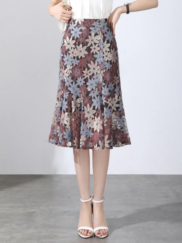

Women Fashion Elegant High Waist Lace Floral Fishtail Skirt 2022 Summer Office Lady Slim Casual Korean Mid-long Skirts 4XL 5503