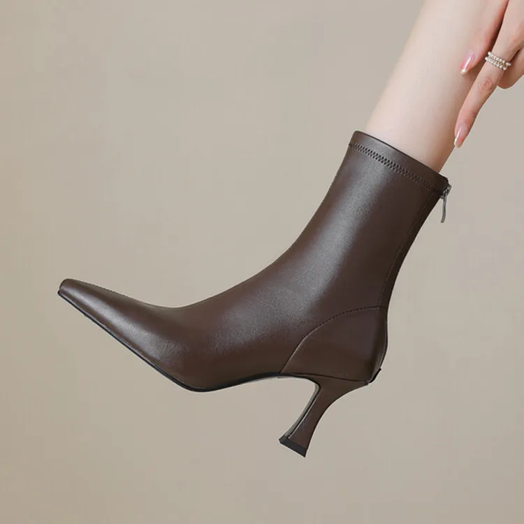 

2023Chic Fashion Women Stretch Fabric Boots Pointed Toe Thin High Heels Beige Elastic Short Botas Back Zipper Autumn Botines