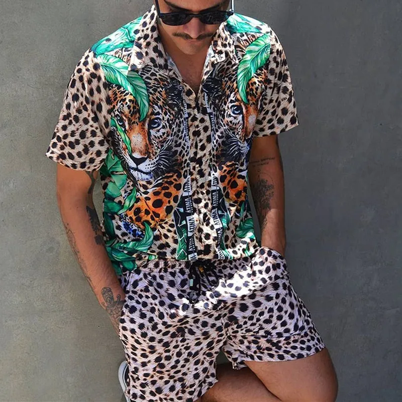 Fashion Men Hawaiian Sets Summer Leopard Printing Short Sleeve Button Shirt Beach Shorts Two Set Casual Holiday Men 2 Piece Suit