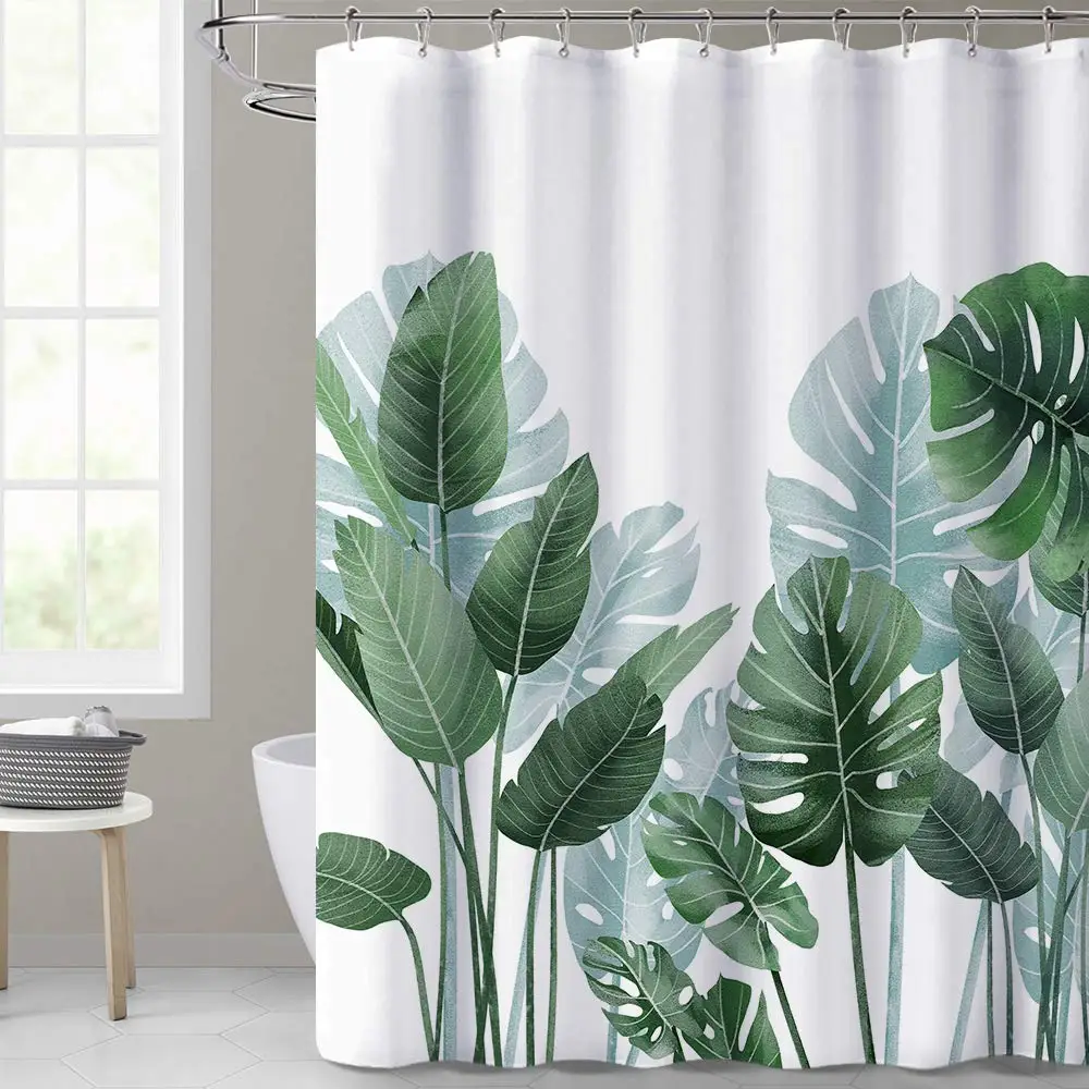

Tropical Green Leaves Plant on White Background Odorless Shower Curtains for Bathroom Showers and Bathtubs Decor with Hooks