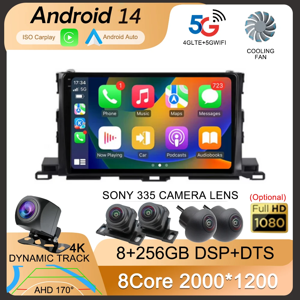 Видеоплеер Android 14 для Toyota Highlander Kluger 3 XU50 2013-2019 Автомобильный радиоприемник