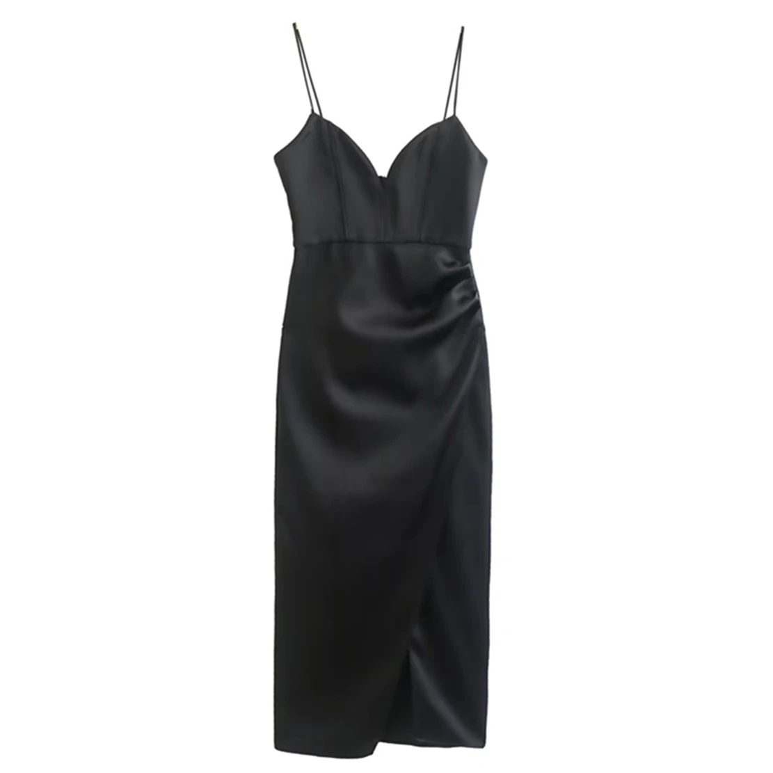 

Withered Sexy Black Midi Dress Women French Style Silk Satin Strapless Dress