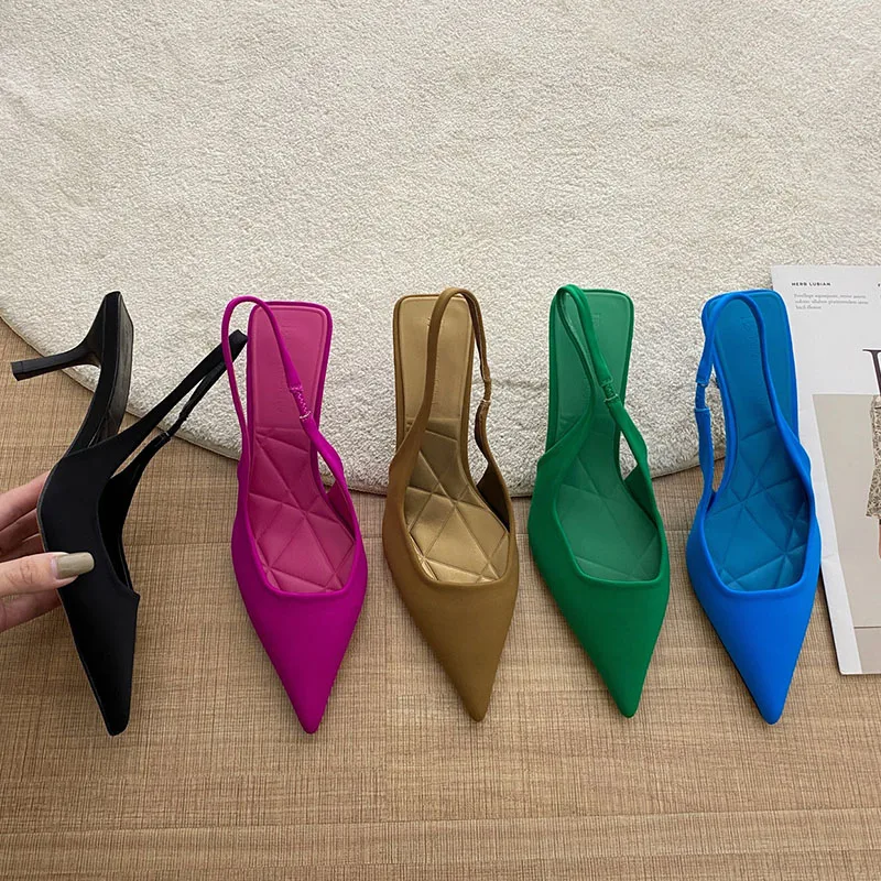 

2022 Summer Green Purple New Brand Pointed Toe Slingback Shoe Thin High Heel Shallow Slip On Ladies Elegant Sandals Plus Size 41