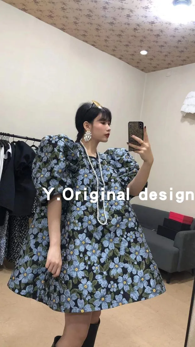 

SuperAen 2022 Original Jacquard Printing Puff Sleeve O Neck Loose A-LINE Knee-Length Casual Dress for Women