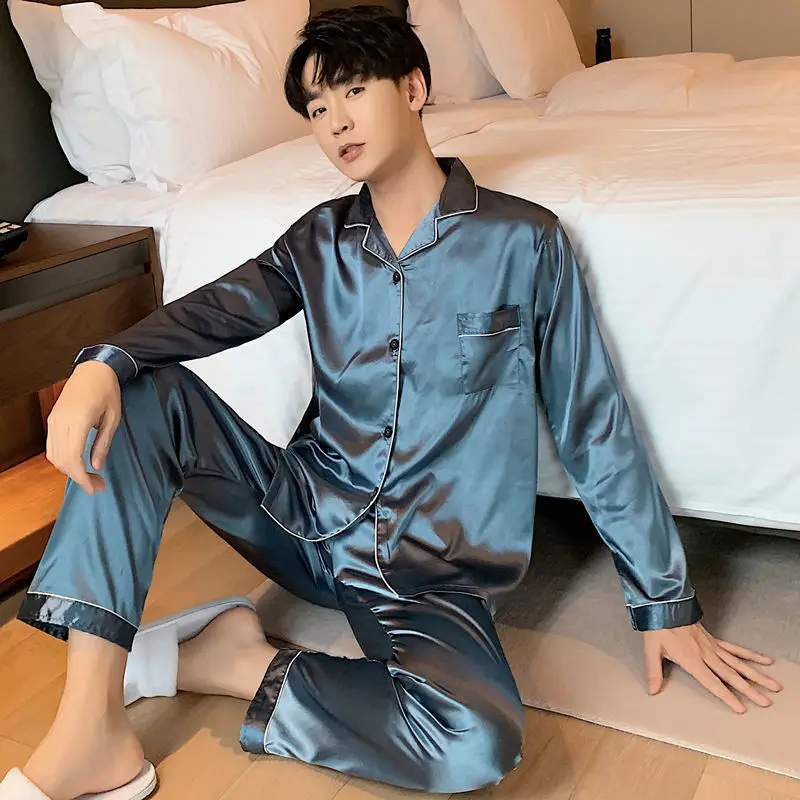 Silk Men Pyjamas Set Long sleeves Casual Home Wear Suits Spring Autumn Satin Boy Pajama Sets Leisure Shorts Male Sleepwear Set