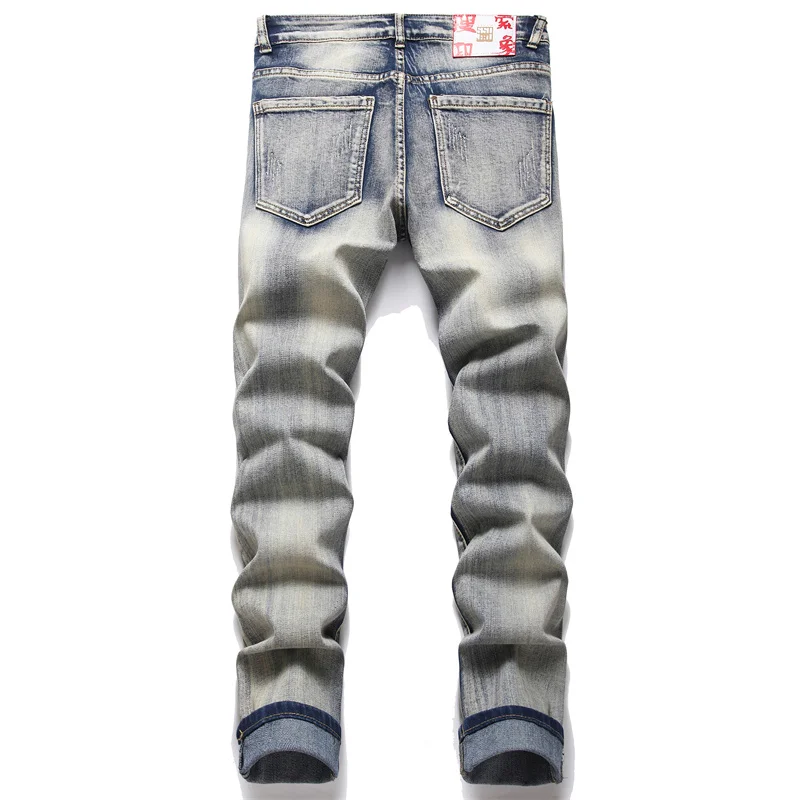 Men's Colorful Graffiti Printed Jeans Y2K Colorful Slim Fit Tapered Elastic Casual Pants Fashion Street Clothing Small Foot Pant