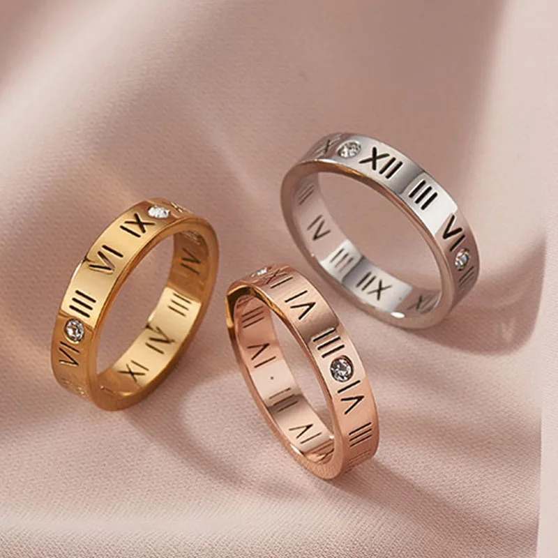 

Hollow Roman Numeral Ring Stainless Steel Cute 4mm Rings Zircon Brand Jewelry Women Rose Gold Silver Color Size 4 To 10