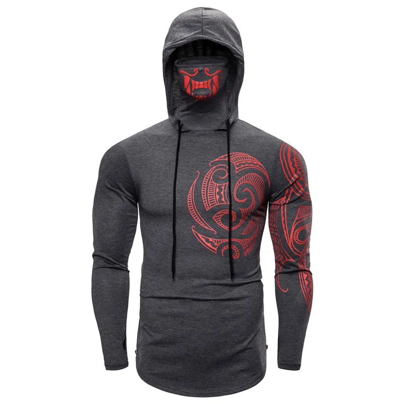 Men's New T-Shirts Long Sleeves Men's Solid Color Sweatshirts Skull Masked Shirts Fried Street Hoodie Mens Black Grey Asian Size