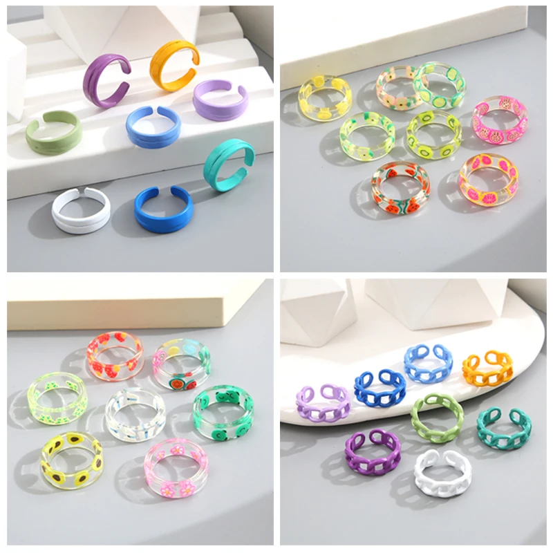 Colorful Ring Set Wholesale 2022 Summer Fashion Fruits Flowers Geometric Chain Candy Color Opening Rings Women Finger Jewelry