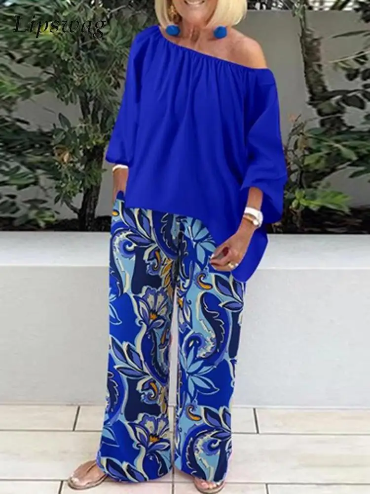 

Vintage Graphic Print Loose Outfit Women Diagonal Collar Off Shoulder Tops Wide Leg Pant Sets Female High Street Matching Sets