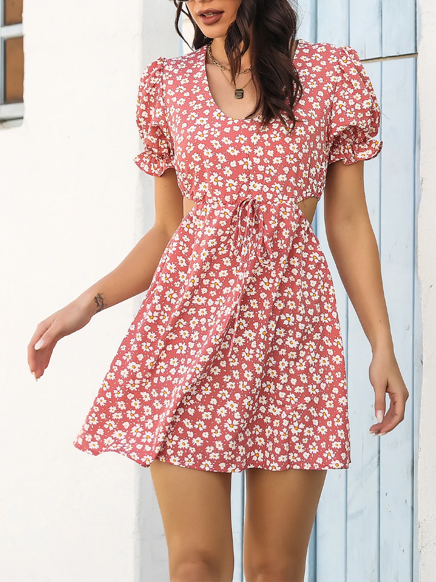 

Women Summer Casual Mini Dress Floral Print Puff Short Sleeve Front Tie-Up Dress Fashion Cutout Waist Beach Party Dress