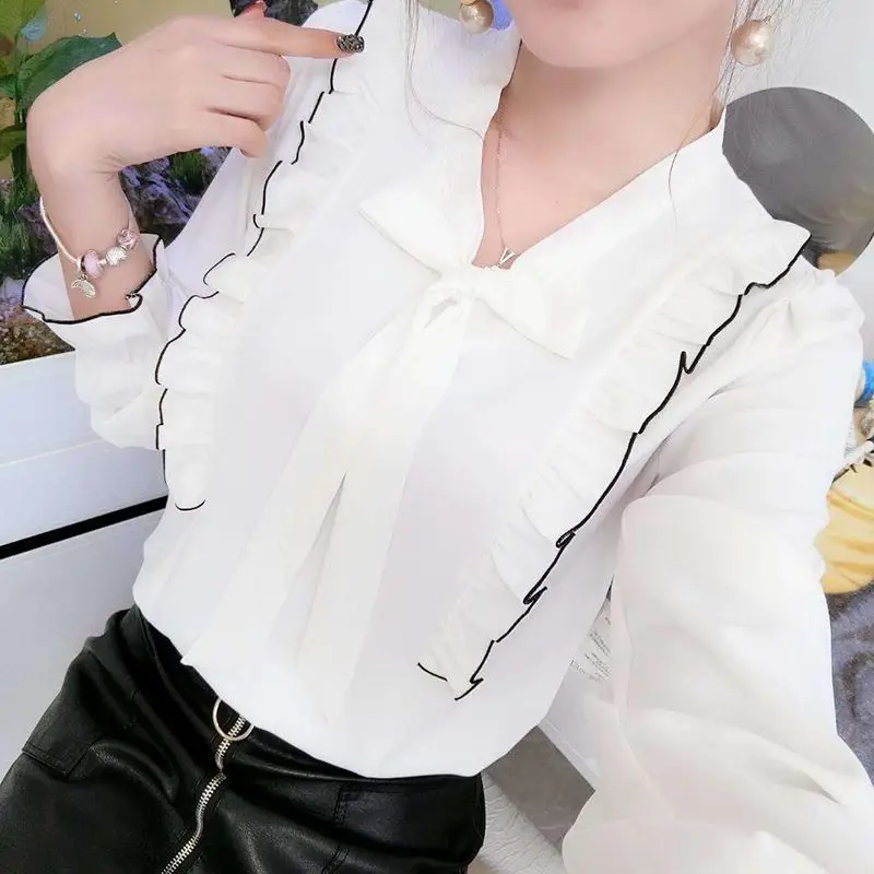 

Casual Blouse Female 2023 Women Spring Wear New Korean Fashion Bow Long Sleeve Women Top Shirt Versatile Chiffon Shirt Female