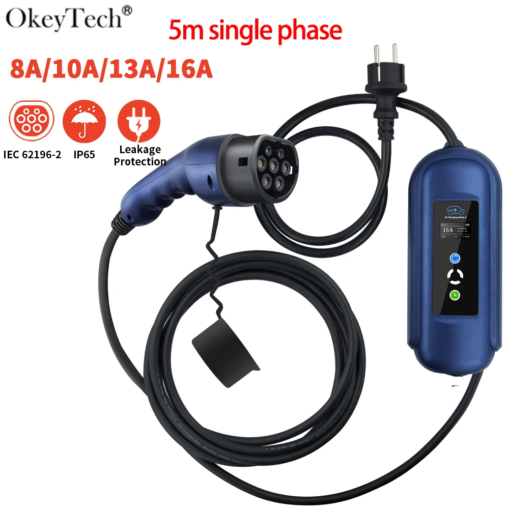 

Type 2 Portable 5 Meters LED Electric Vehicle Charger Single Phase Charging Cable 8/10/13/16A Car Current Adjustable IEC 62196