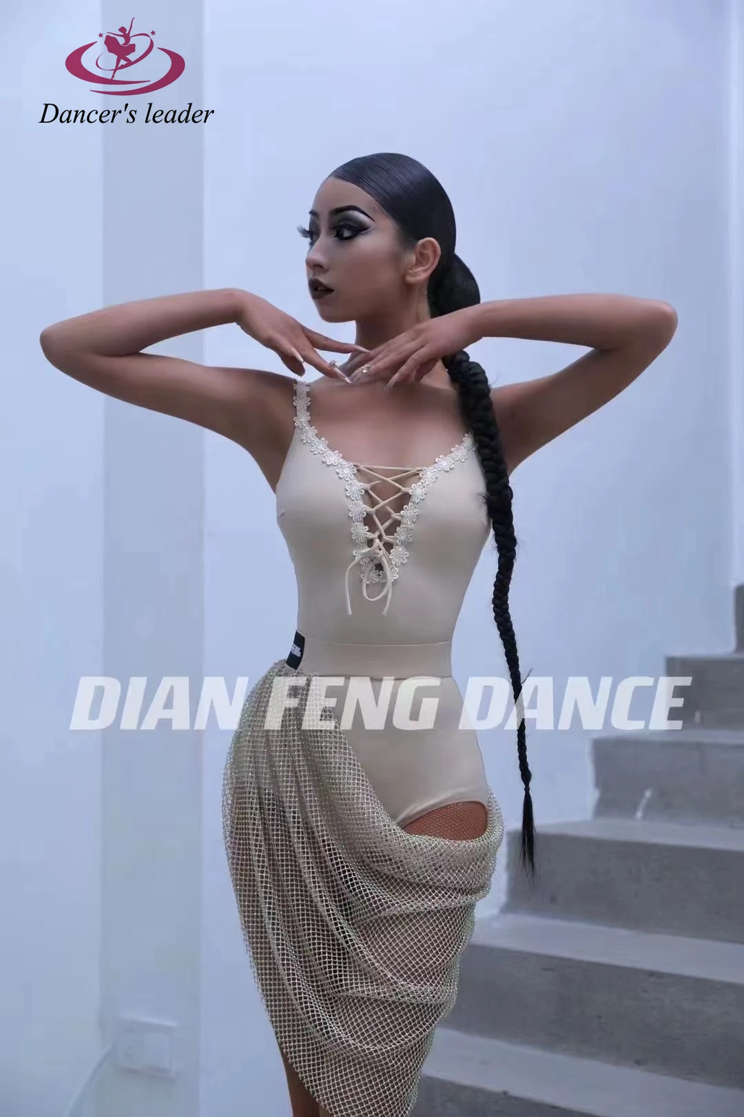 

Latin Dance Dress Sexy Strap Flower Trimmed Mesh Diamond Skirt Cha Cha Tango Female Adult Stage Professional Clothing