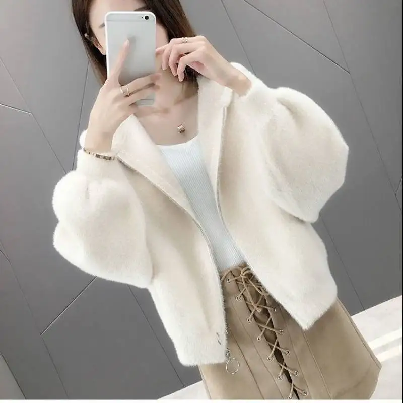Basic Casual Women's Coat Autumn Basic Causal Girl Jackets Short  2022 Korean Faux Fur Long-sleeved Blouse Loose Knit Cardigan