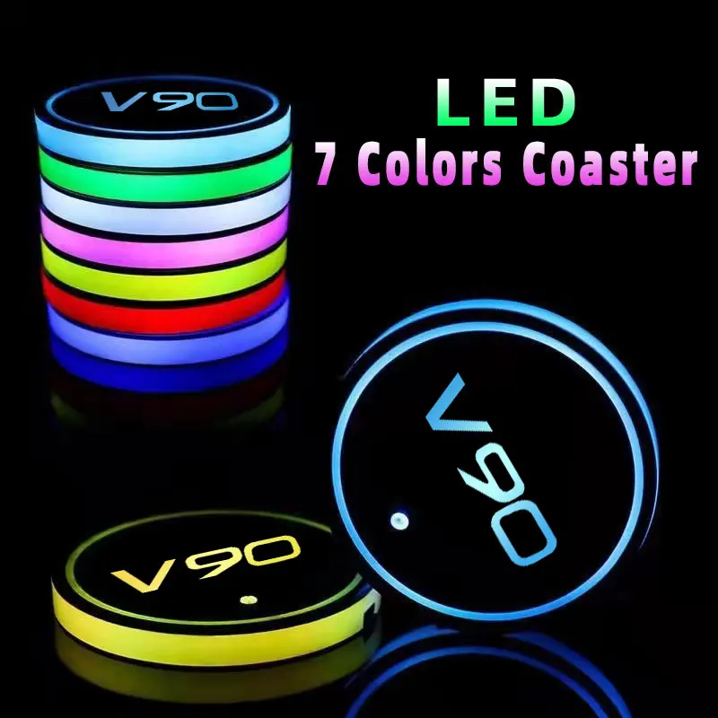 

2Pcs/Set Luminous Car Water Cup Coaster Holder 7 Colorful USB Charging Car Led Atmosphere Light For Volvo V90 Logo Accessories