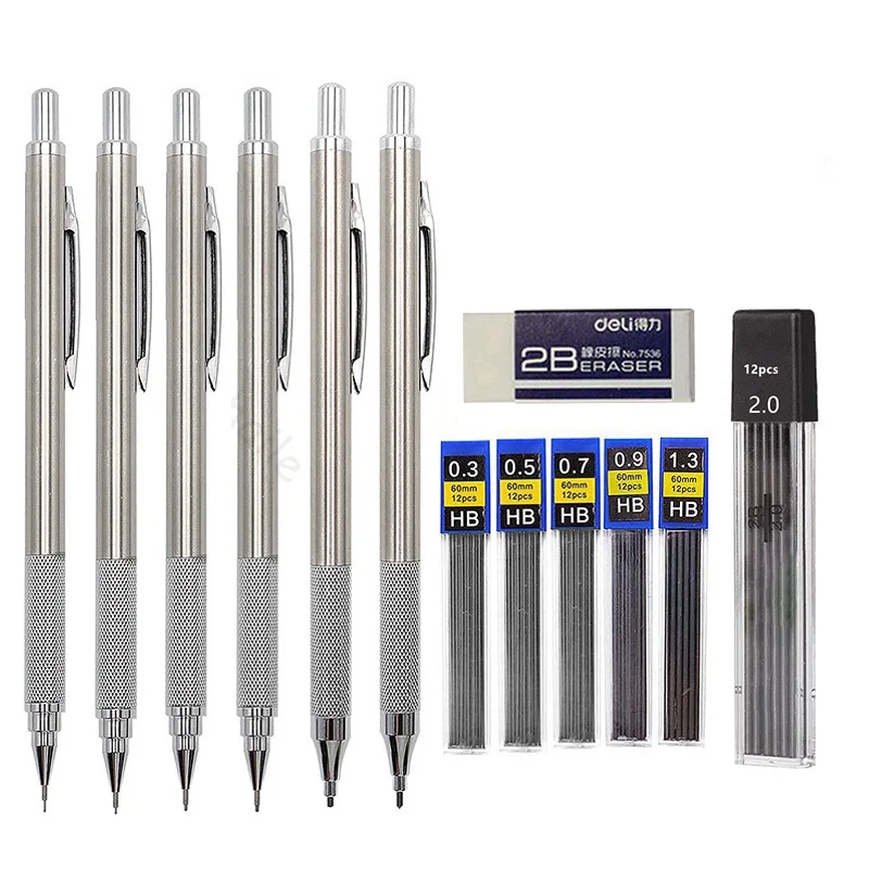 

Haile Full Metal Mechanical Pencil Set 0.5 0.7 0.9 1.3 2.0mm Leads Art Drawing Painting Automatic Pencil School Office Supplies