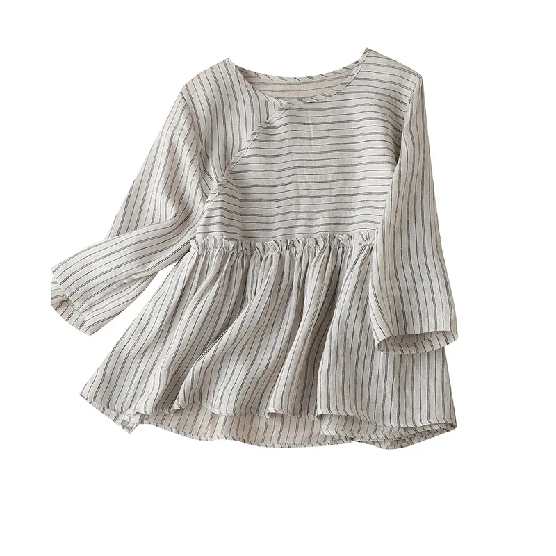 

Linen Striped Japan Style 2022 Spring Woman Tshirts Women Shirts Blouses Three Quarter Sleeve Thin Womans Tops