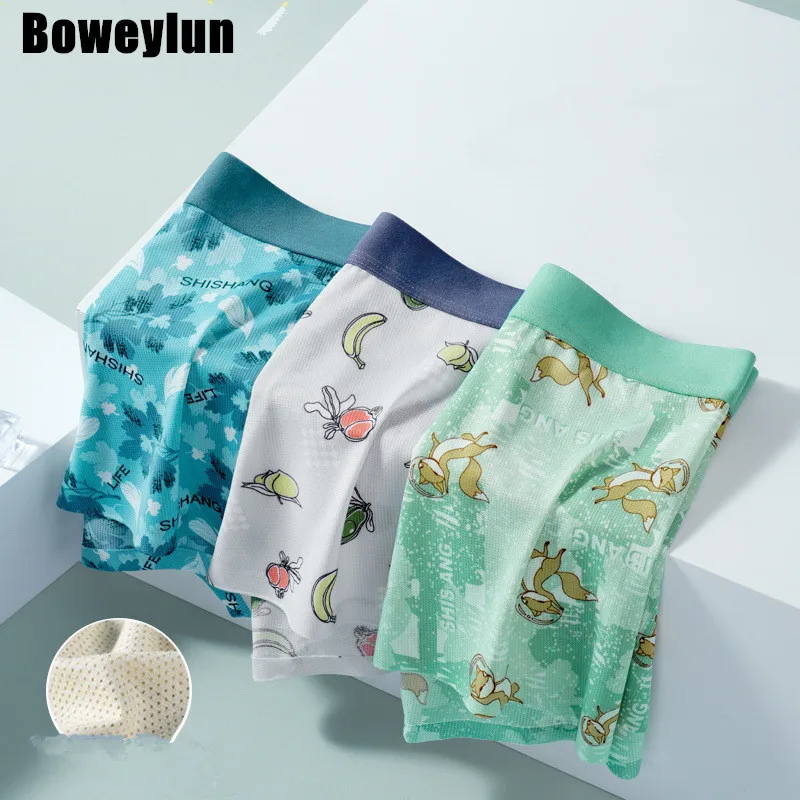 

Boweylun Ice Silk No Trace Print Boxer Briefs Men Summer Mesh Breathable Skin-friendly Pants Cool Yew Crotch Underwear