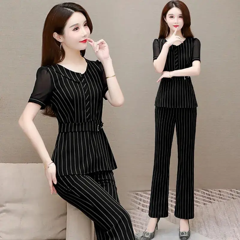 

Elegant 2 Pieces Sets Women Stripe Print Two Piece Suit Short Sleeve Tops&High Waist Wide Leg Pants Korean Style Female Set J453