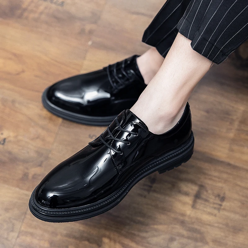

black white patent leather shoes for men breathable casual business wedding formal dress lace-up derby shoe gentleman footwear