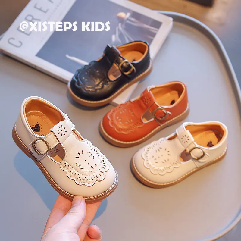 

Children Leather Mary Janes Comfy Non-slip Hollow Out Leather Shoes Beige Brown Black Toddler Girls Leather Shoes Footwear