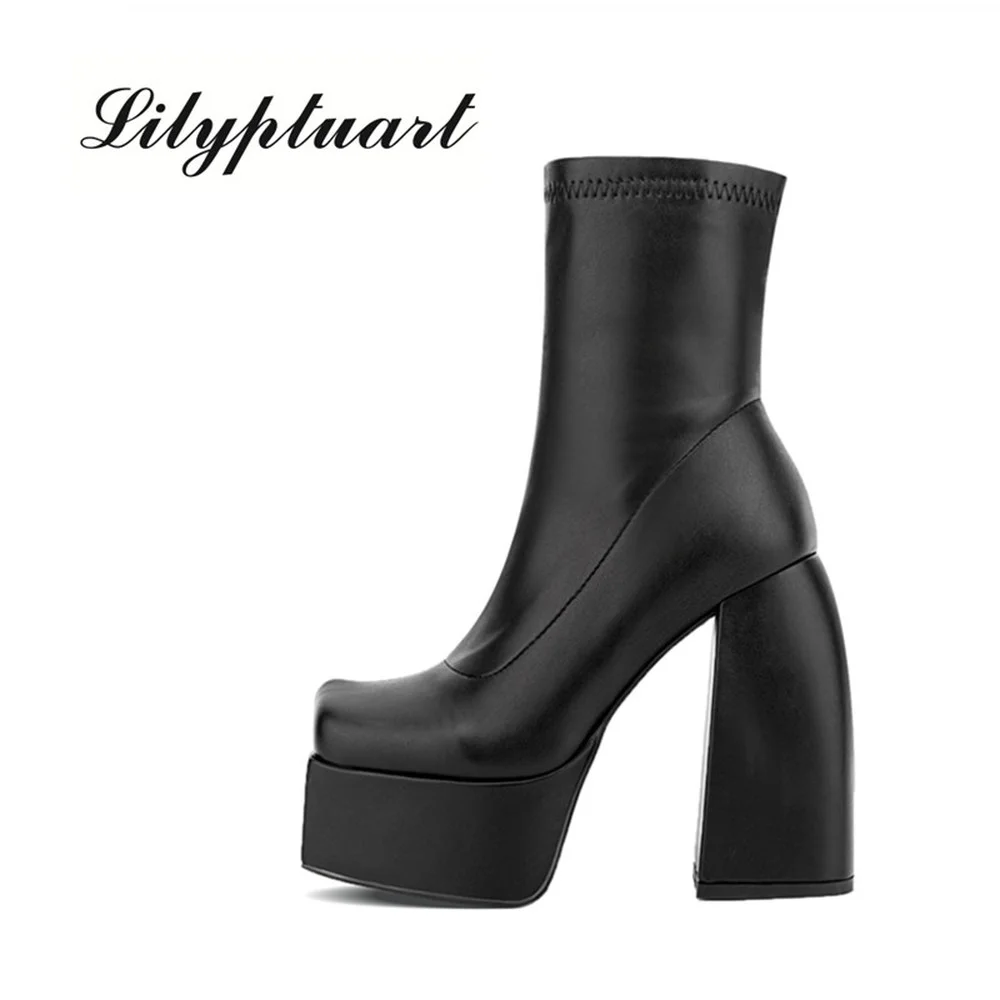 Fashion Chunky Heel Women's Ankle Boots New Thick Sole High Heel Boots Pointed Toe Party Shoes Large Size 43 Elastic Boots