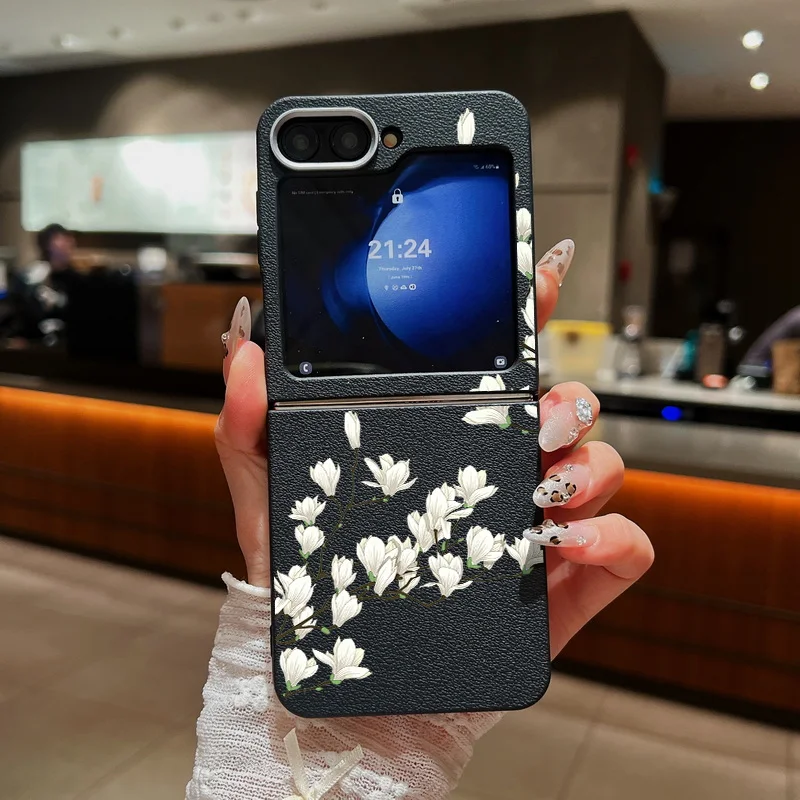 Чехол с белым цветком для Samsung Galaxy Z Flip6 Flip5 Flip4 Capa силиконовый складной чехол
