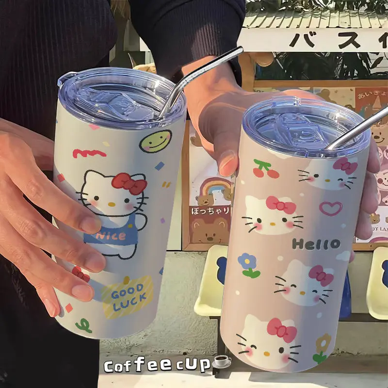 

Y2K Sippy Cup Sanrio Kawaii Hello Kitty Girls Cup Anime Figure 420Ml Kt Simple Straight Drink Cup Insulation Keep Cold New Style
