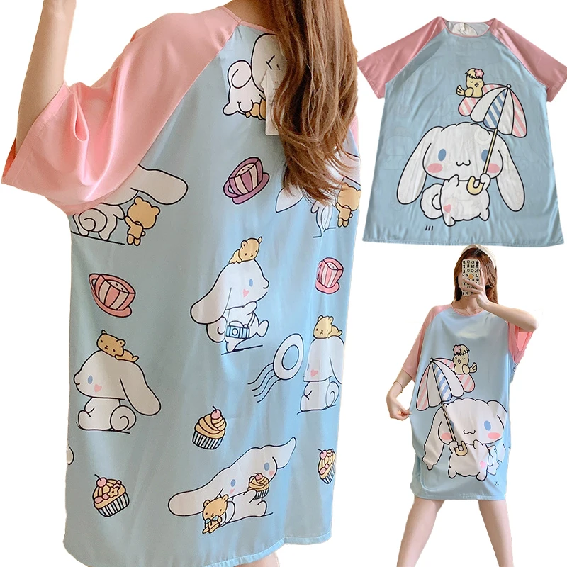 

Sanrios Kawaii Cinnamoroll ледяная шелковая ночная рубашка Летняя тонкая свободная Пижама средней длины с короткими рукавами