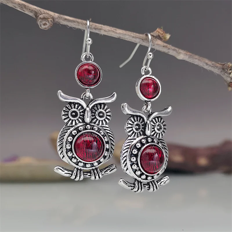 

Lace Ruby and Owl Earrings European and American Creative Vintage Jewelry