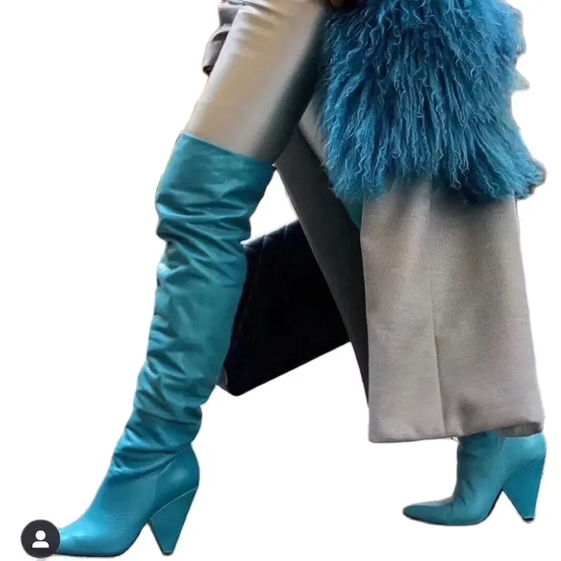 

Женские Плиссированные ботфорты из натуральной кожи на высоком каблуке