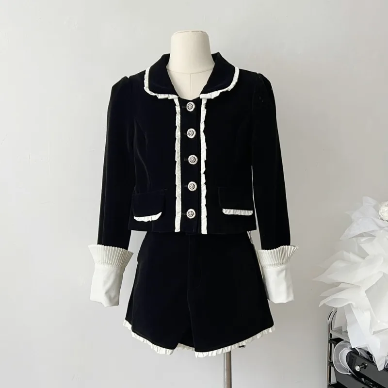 

Осенние элегантные женские шорты в стиле ретро, офисные комплекты из 2 предметов, черный топ, шорты с оборками, милая корейская мода