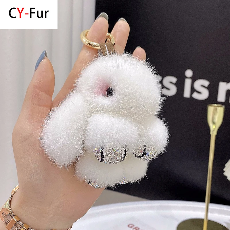 

Luxury Big Mink Fur Bunny Fur Pendant Bag Jewelry Key Chain Plush Pendant Trumpet Cute Cute Rabbit Children Animal Cartoon Doll