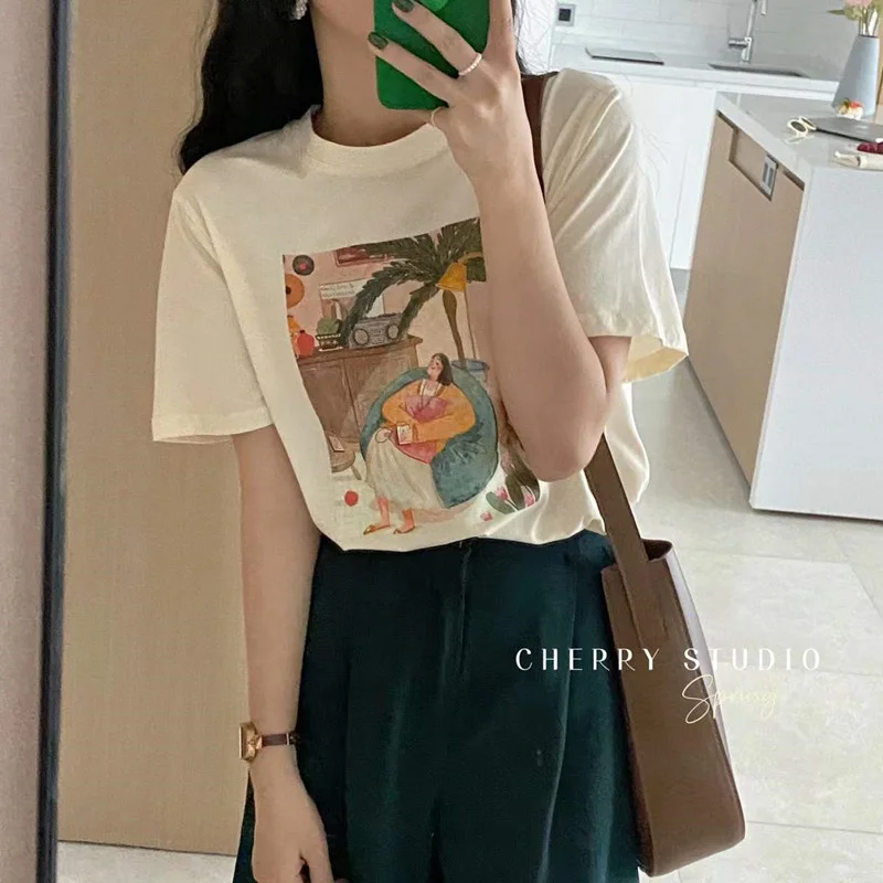 

Abstract Oil Painting Short Sleeve T Shirt Green White Summer Women Tee Shirt