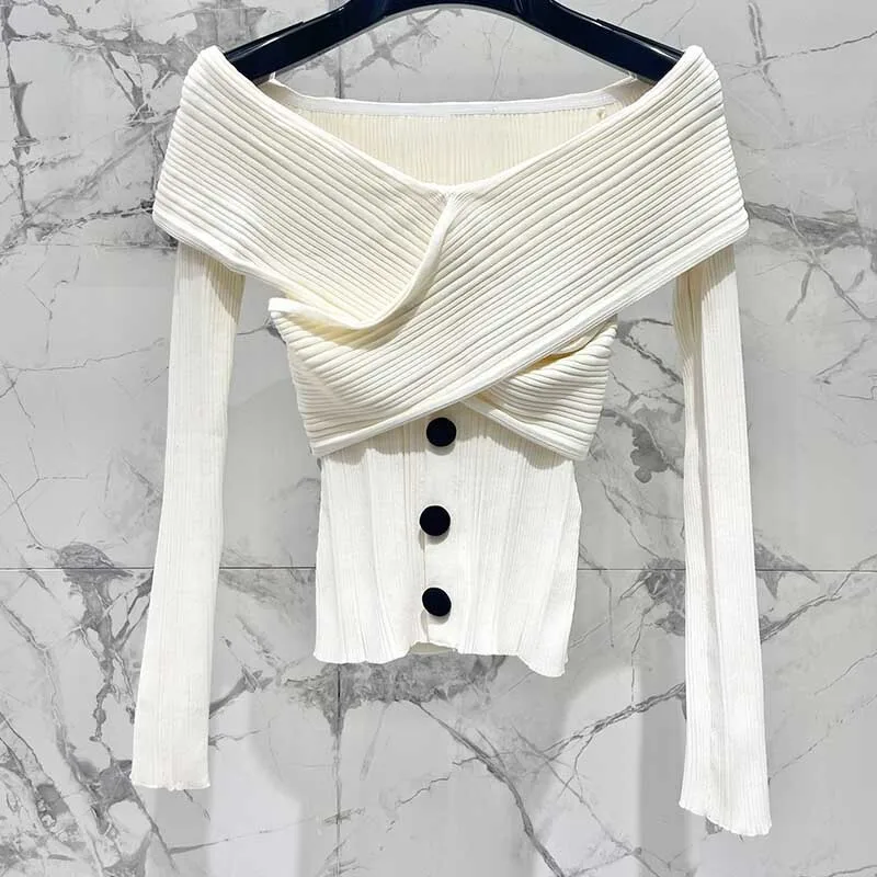 Женская одежда модный сексуальный трикотаж с открытыми плечами и длинными