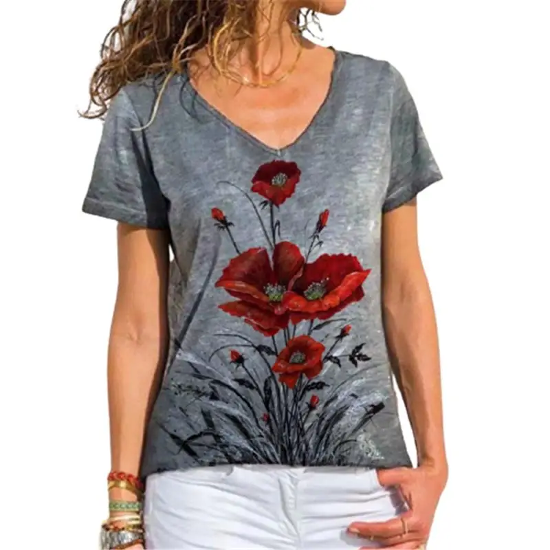 

Large Size Women Clothing 2021 New Summer Floral Print T-Shirt Casual Short Sleeve V-Neck Street Tops 4XL 5XL Plus Size Tee Top