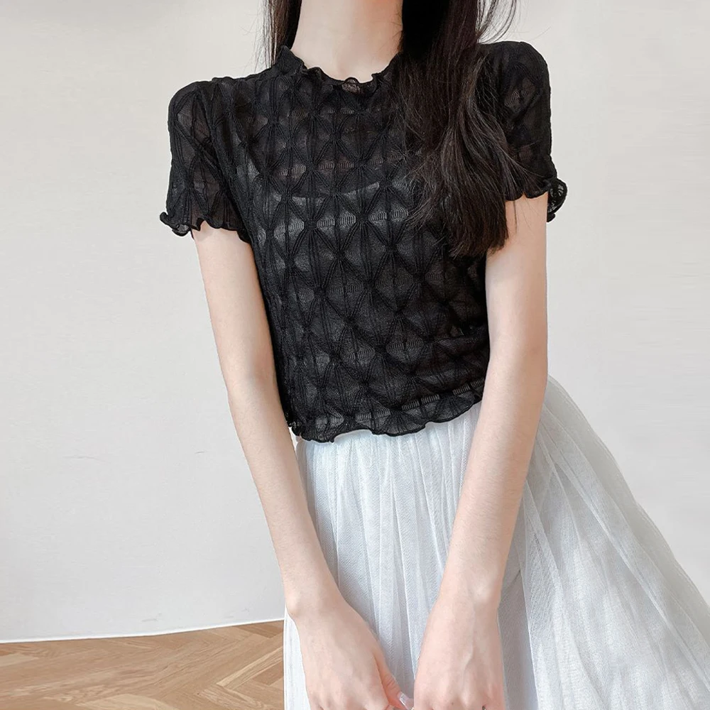 

Женская футболка с оборками, Элегантная короткая футболка черного, белого и абрикосового цветов с волнистыми краями, укороченная базовая одежда для весны и лета