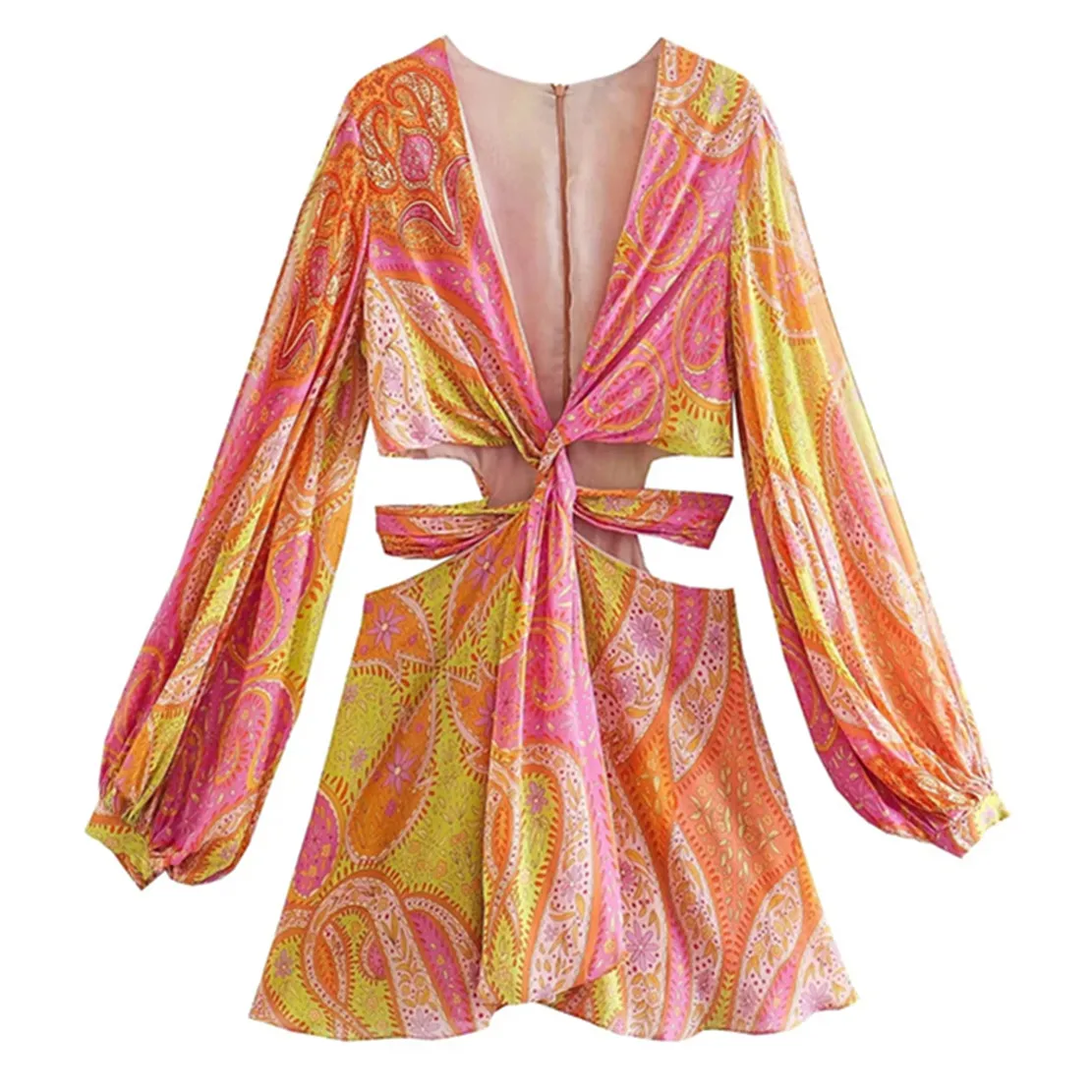 

Dave&Di Hollow Out Sexy V-neck Fashion Mini Dress Women Indie Folk Bohemian Style Paisley Print Dress