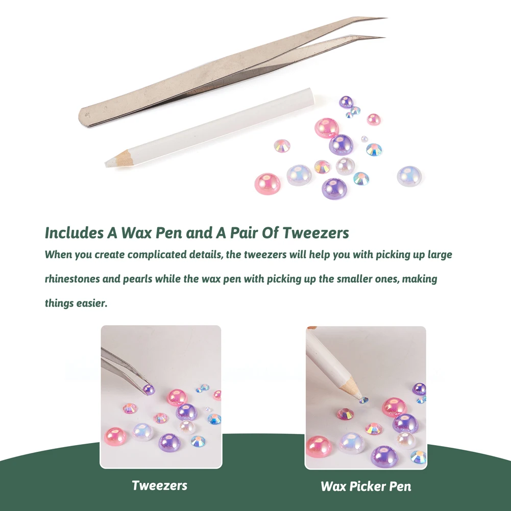 1 Bag Mix Flat Back Imitation Pearl Dome Resin Cabochons Rhinestone Tweezer Picker Pen for Nail Art Tumbler Craft Jewelry Making