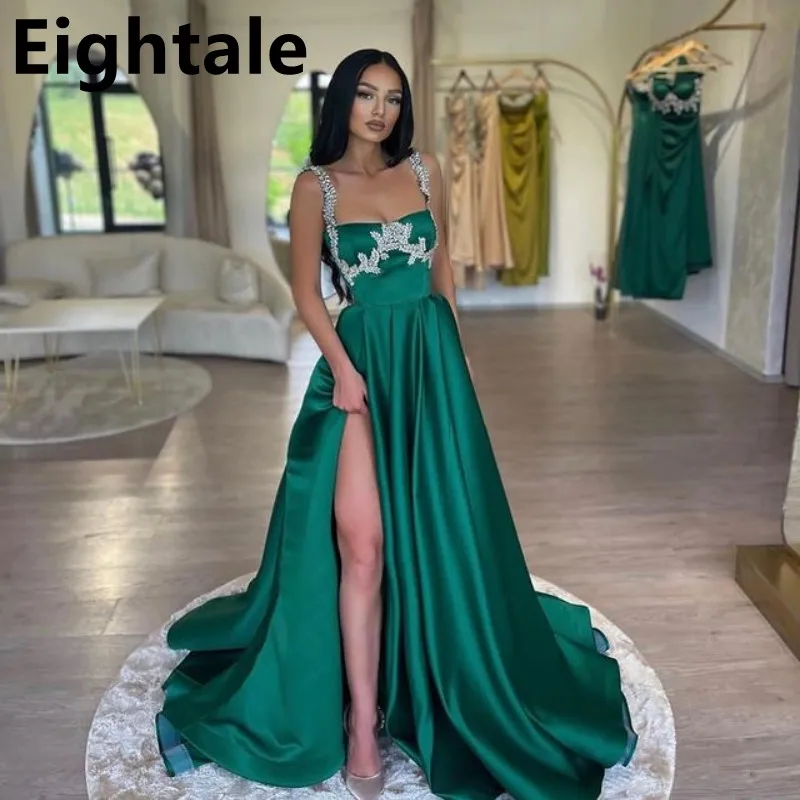

2023 Eightale Dark Green A Line Satin Prom Dress Sexy Slit Evening Party Dress Beaded Straps Formal Prom Gown Robes De Soirée