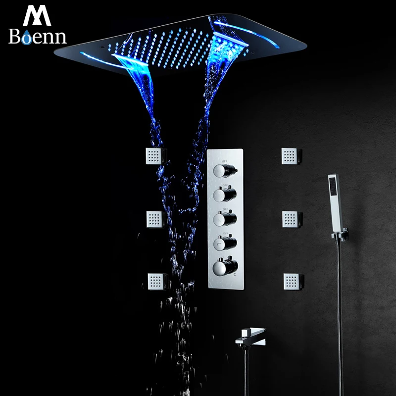 

M Boenn Rain Shower System Set Bathroom Faucets Thermostatic Mixer Concealed Diverter Bath Taps Embedded Ceiling LED ShowerHeads