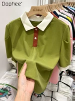 american style vintage loose womens lapel polo collar t shirts 2022 summer unique chic contrast color short sleeve top female