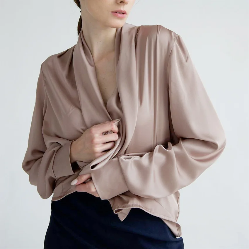 

Women's Spring/Fall Blouse Satin Drape Elegant Shirt Sexy Long-sleeved High-level Design French Retro Mid-length Shirt Vintage