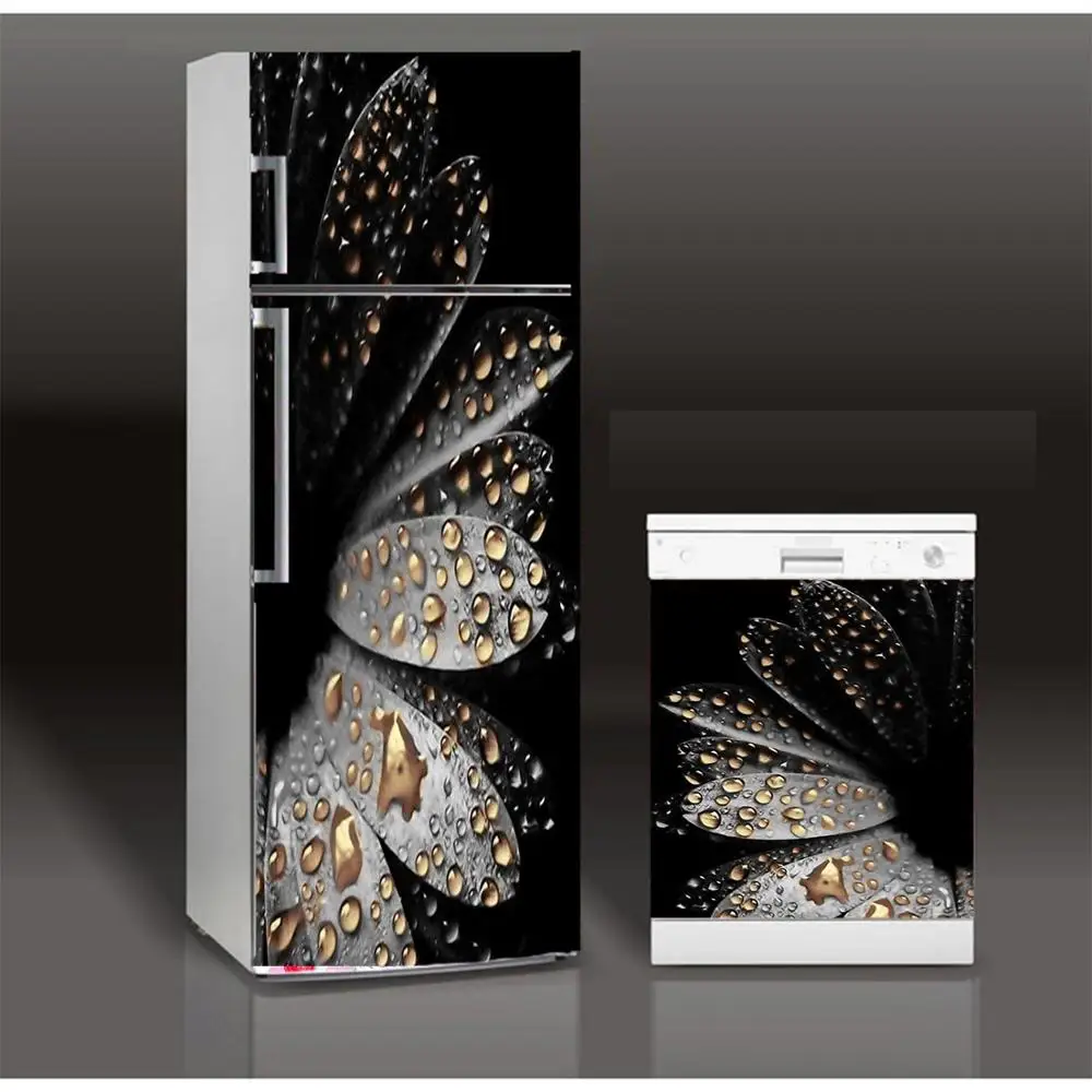 

Fridge Sticker Black Flowers Art Refrigerator Dishwasher Door Wrap Kitchen Wallpaper Accessories Modern 3d Wall Stickers