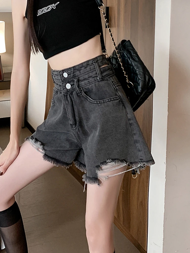 Spring Summer Women Vintage Frayed Hole Denim Shorts Streetwear Female High Waist Button Wide Leg Jeans Skirts Bottoms